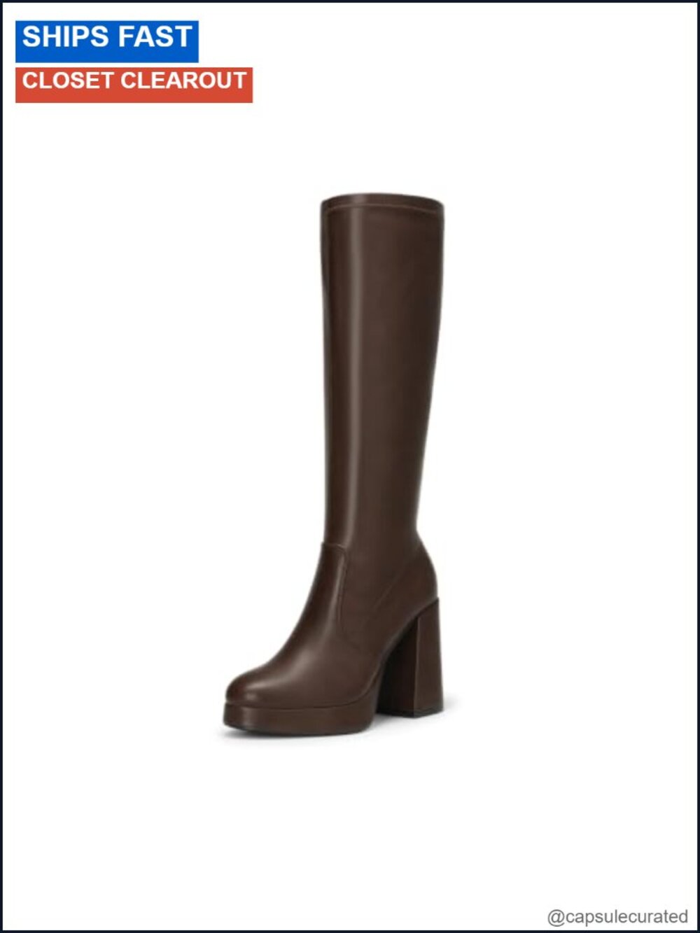 Chunky Platform Heels Knee High Boots Faux Leather Zip
